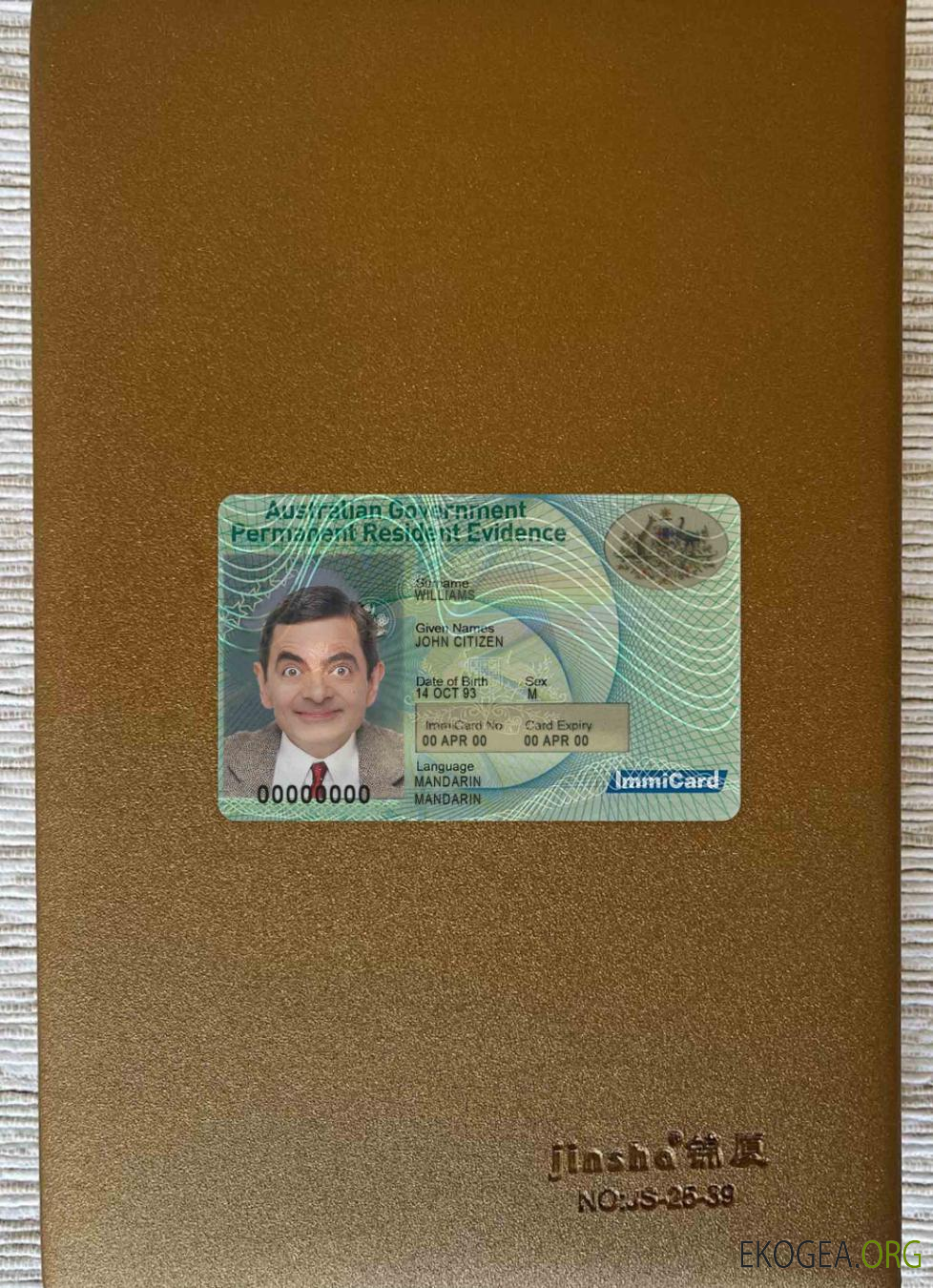 Photolook de la carte de séjour permanent en Australie AVANT